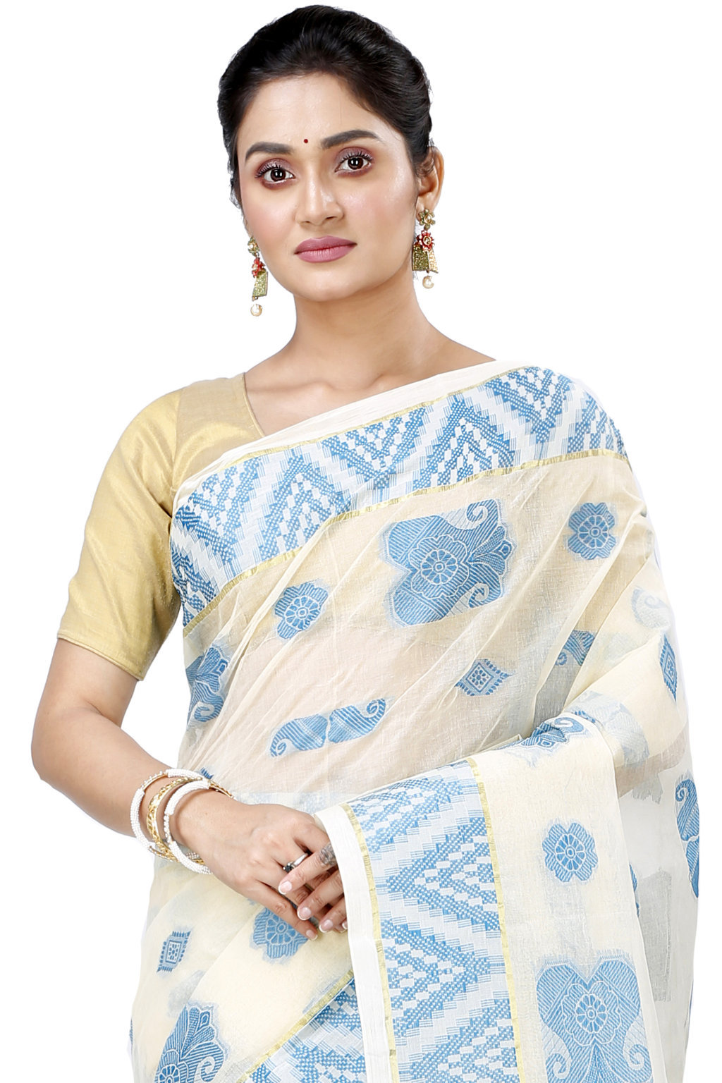 White Sky Blue Pure Cotton Gargi Tant Saree (913)